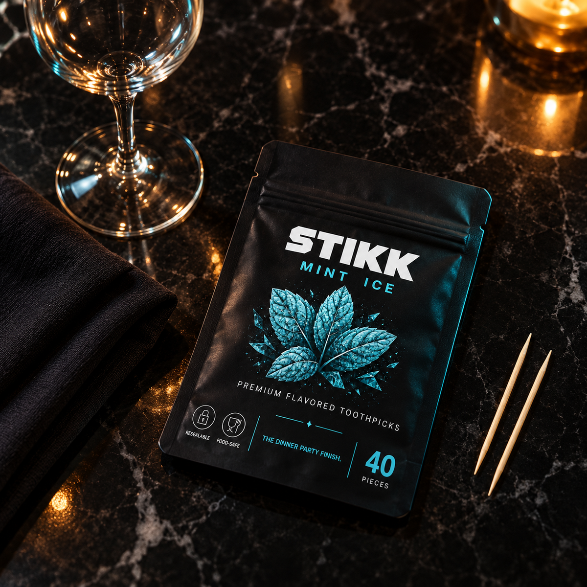 Pochette STIKK Mint Ice sur une table de dîner en marbre noir