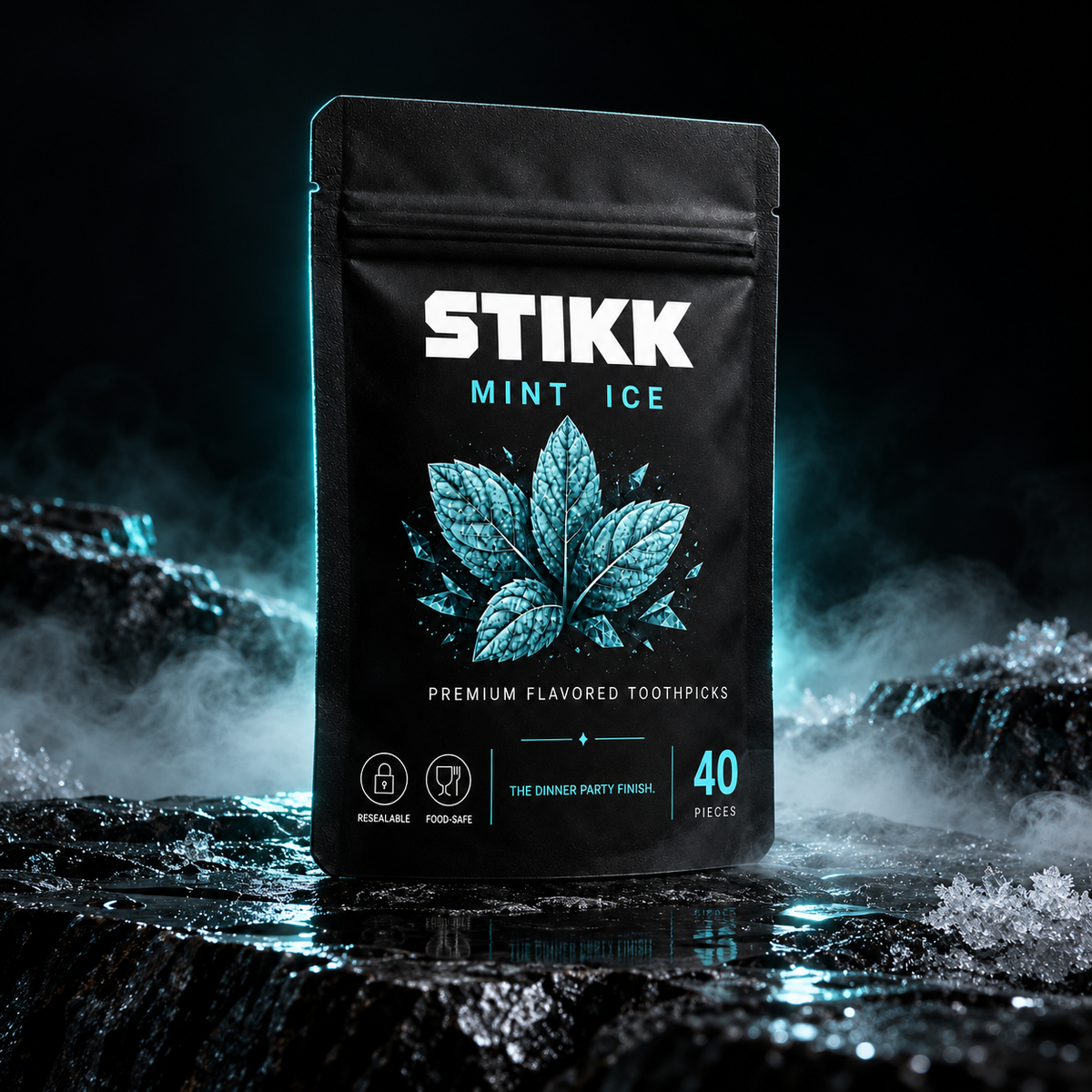 Pochette STIKK Mint Ice sur pierre givrée, fond noir