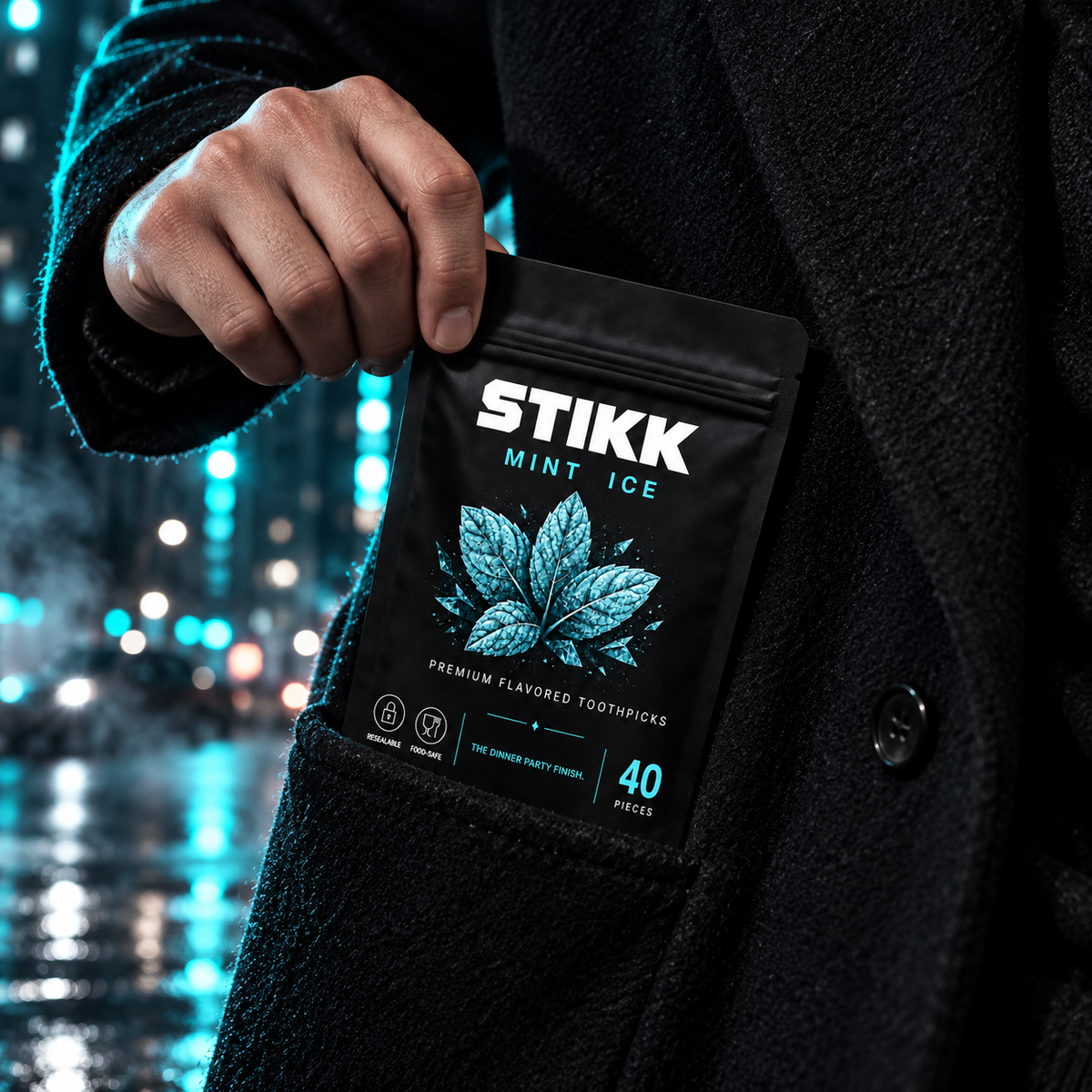Pochette STIKK Mint Ice sortie d'une poche de manteau, ville de nuit